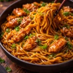 Delicious sticky garlic chicken noodles garnished with herbs