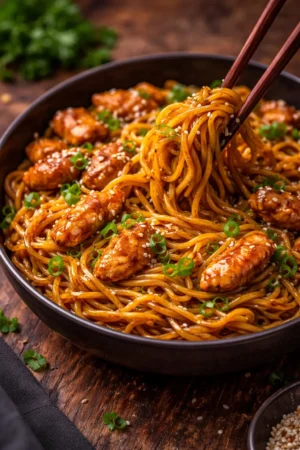 Delicious sticky garlic chicken noodles garnished with herbs