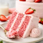Homemade strawberry cake with cream cheese frosting on a white plate