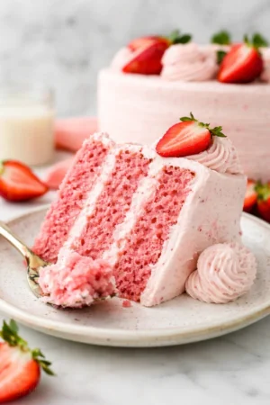 Homemade strawberry cake with cream cheese frosting on a white plate