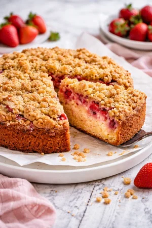 Delicious Strawberry Crumble Cake with fresh strawberries and crumble topping