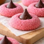 Strawberry Kiss Cookies topped with chocolate and fresh strawberries on a plate