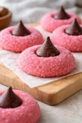 Strawberry Kiss Cookies topped with chocolate and fresh strawberries on a plate