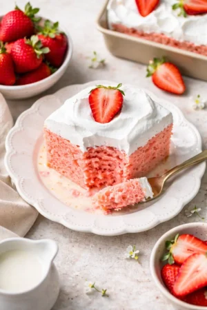 Delicious Strawberry Three Milks Cake topped with fresh strawberries and cream.