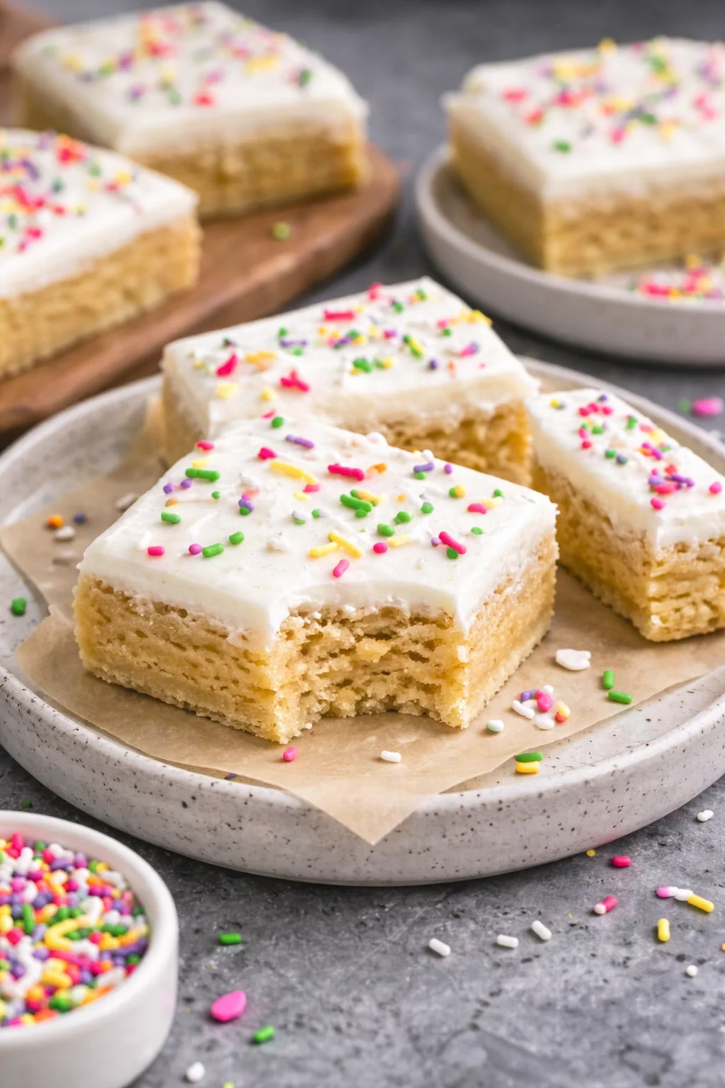 Delicious sugar cookie bars topped with icing on a platter.