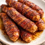 Sweet and spicy bacon wrapped chicken tenders served on a plate