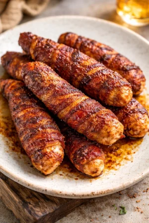 Sweet and spicy bacon wrapped chicken tenders served on a plate