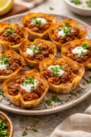 Plate of delicious Taco Ranch Bites with toppings and dips ready to serve.