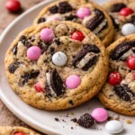 Valentine's Day Oreo M&M's Cookies, decorated with hearts and colorful candies