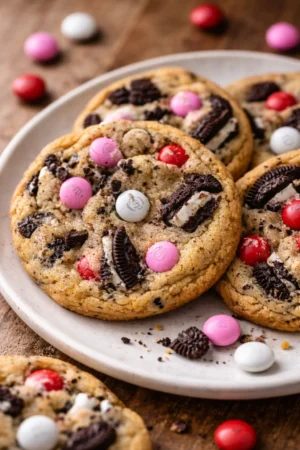 Valentine's Day Oreo M&M's Cookies, decorated with hearts and colorful candies