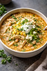 Bowl of delicious White Chicken Chili garnished with cilantro