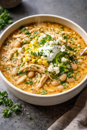 Bowl of delicious White Chicken Chili garnished with cilantro