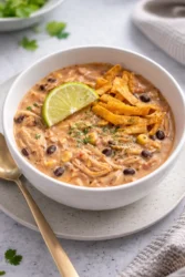 Delicious bowl of white chicken chili with cream cheese topping