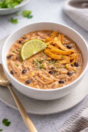 Delicious bowl of white chicken chili with cream cheese topping