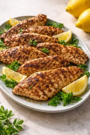 Yogurt-marinated chicken served on a plate with fresh herbs and spices.