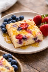 Delicious baked yogurt dessert served in a bowl with fresh fruit toppings