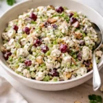 Delicious and fresh chicken salad served in a bowl with greens and vegetables