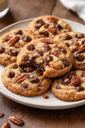 Chewy browned butter pecan chocolate chip cookies fresh out of the oven.