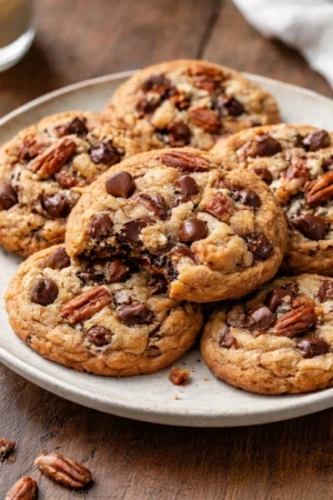 Chewy browned butter pecan chocolate chip cookies fresh out of the oven.