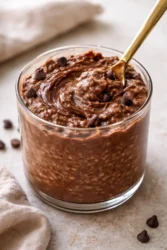 Bowl of brownie batter overnight oats topped with chocolate and nuts
