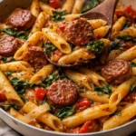 Plate of Cajun Sausage Pasta with peppers and creamy sauce