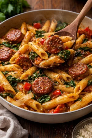 Plate of Cajun Sausage Pasta with peppers and creamy sauce
