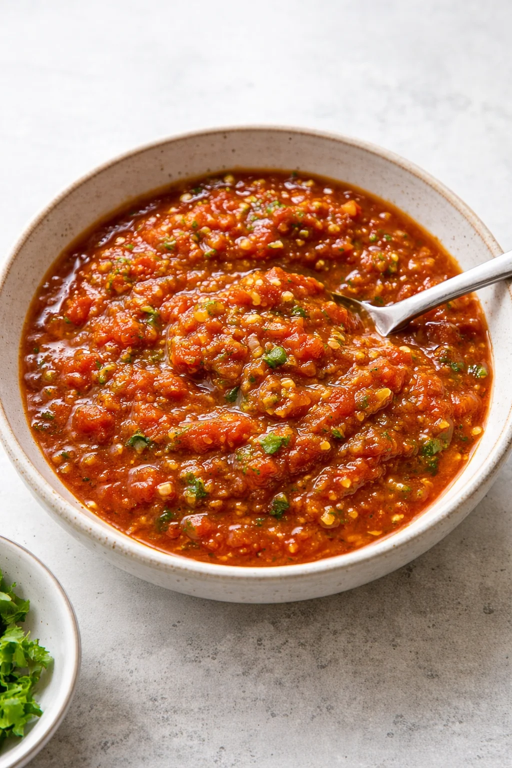 Homemade canned tomato salsa in a jar with fresh ingredients around it