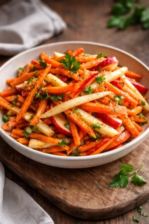 Fresh Carrot Apple Salad with nuts and dressing in a bowl
