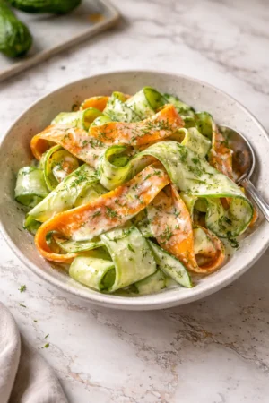 Colorful Carrot & Cucumber Ribbon Salad with fresh ingredients