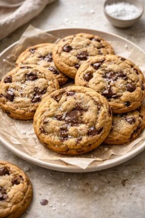 Freshly baked chewy chocolate chip cookies on a cooling rack