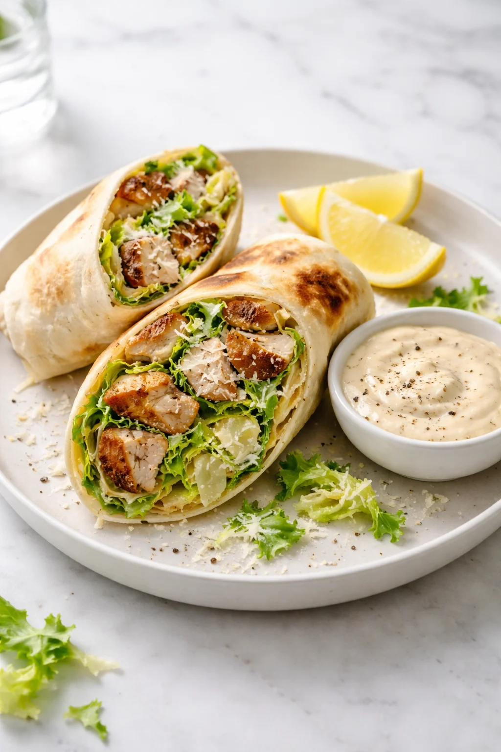 Chicken Caesar Wrap with grilled chicken, lettuce, and Caesar dressing