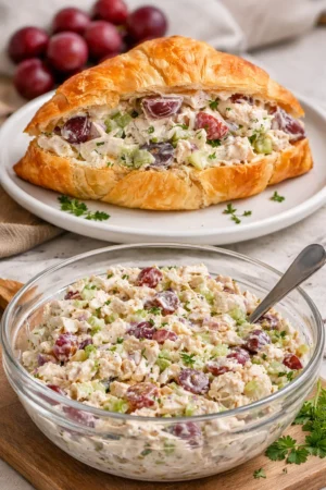 A delicious chicken salad sandwich with fresh ingredients and garnishes