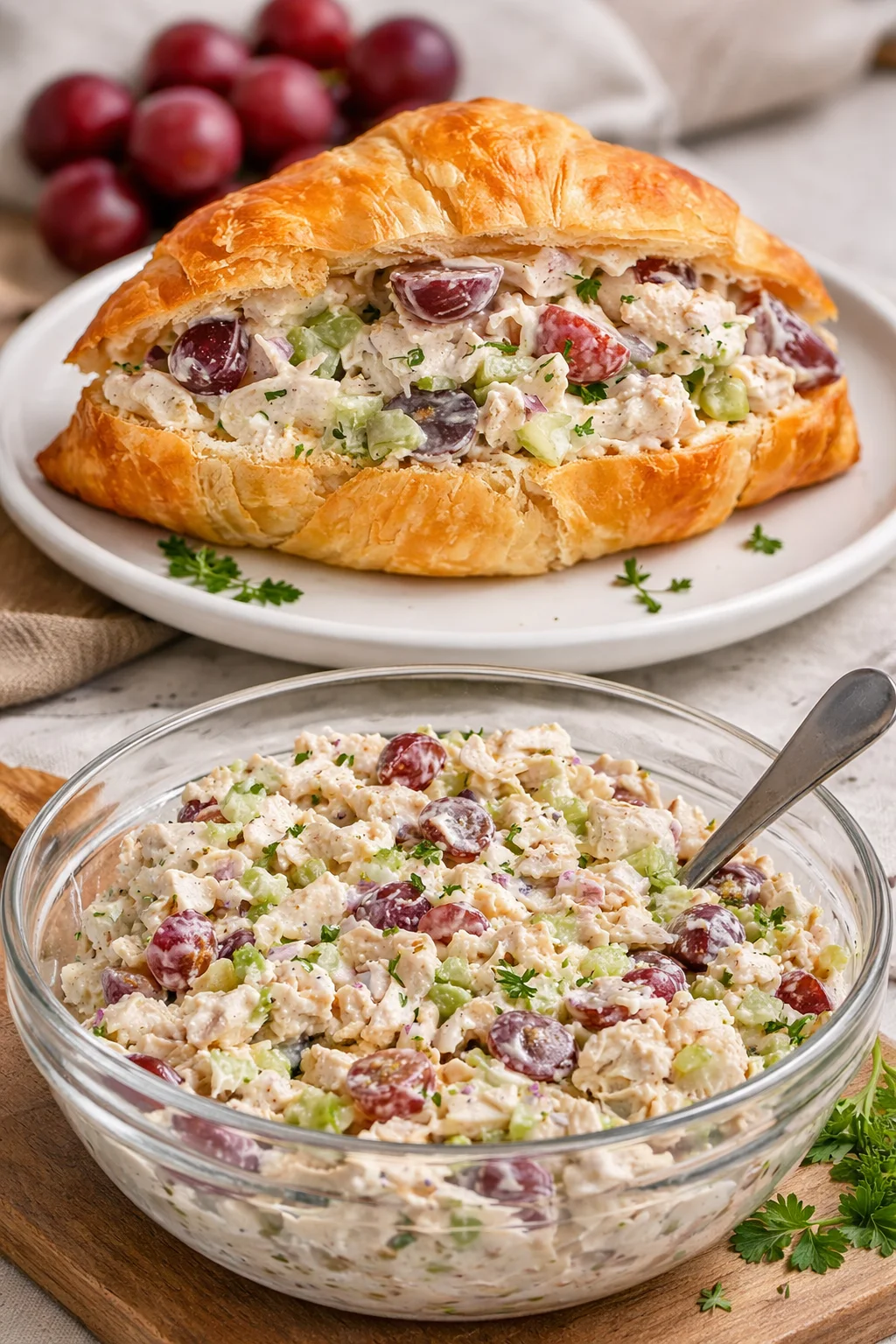 A delicious chicken salad sandwich with fresh ingredients and garnishes