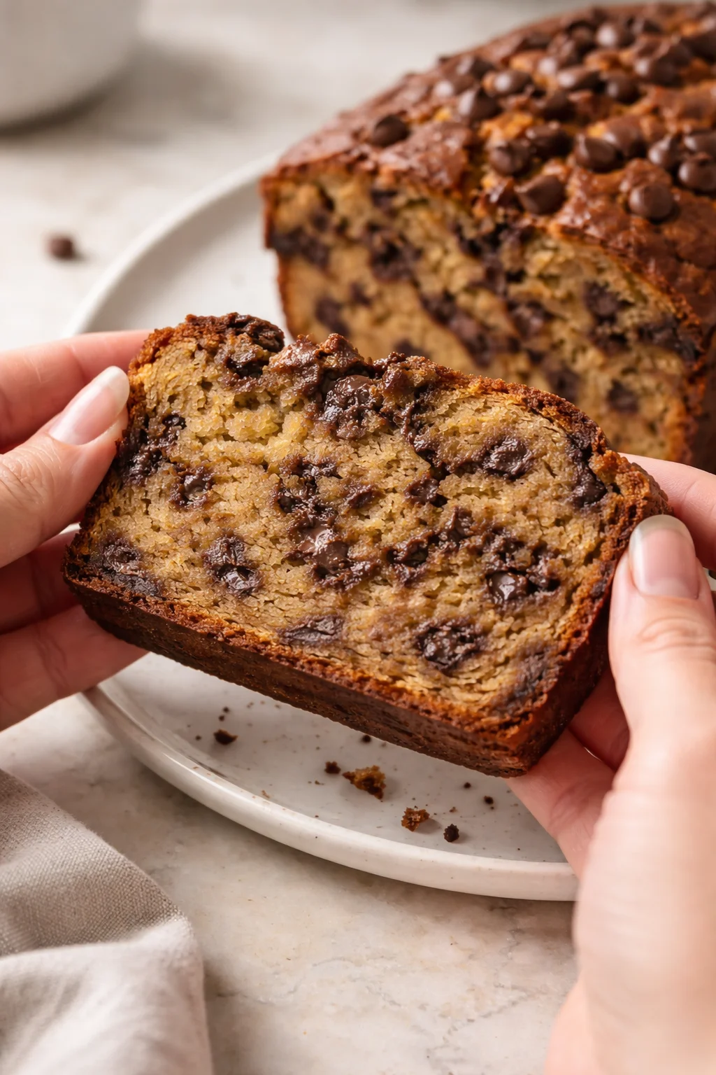 Slice of chocolate chip banana bread on a wooden table