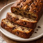 Delicious chocolate chip banana bread slice on a wooden board