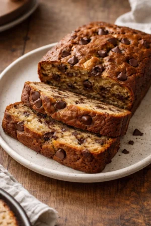 Delicious chocolate chip banana bread slice on a wooden board
