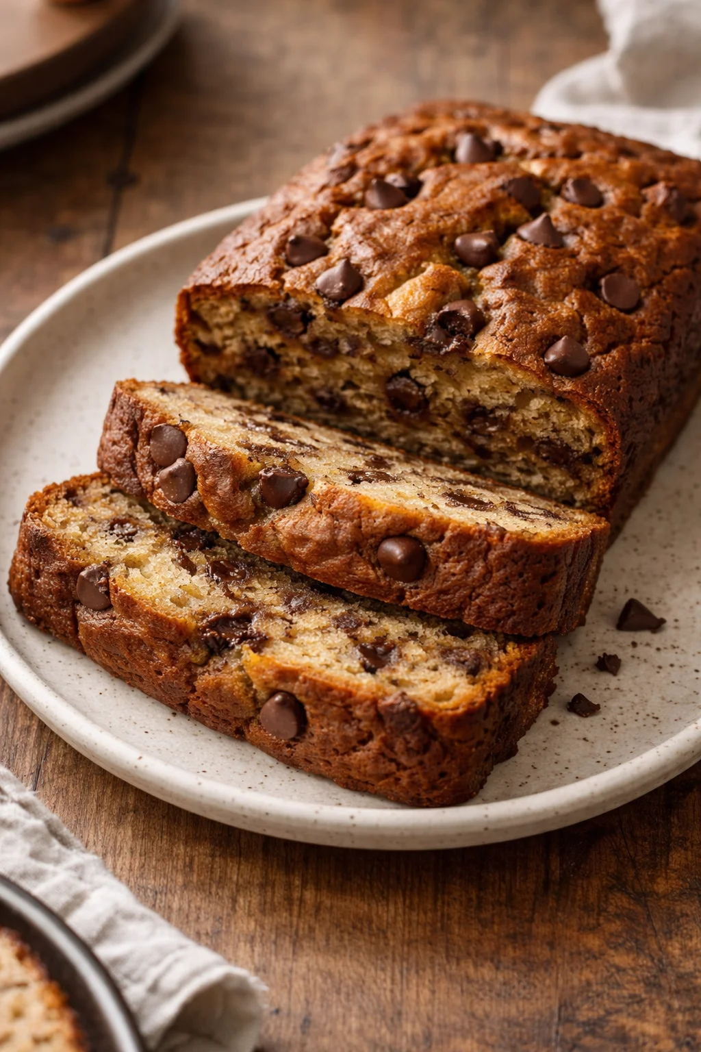 Delicious chocolate chip banana bread slice on a wooden board