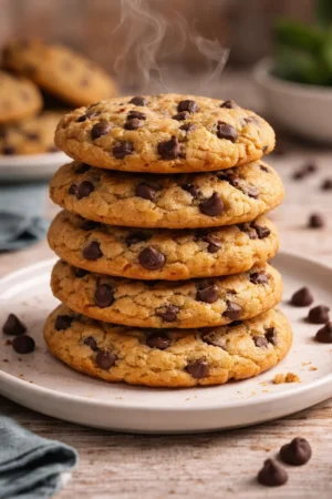 Freshly baked chocolate chip cookies with melting chocolate chunks