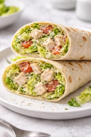 Chopped Chicken Caesar Salad Wraps served on a plate with greens and Caesar dressing