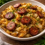 Classic fried cabbage and sausage dish served in a skillet