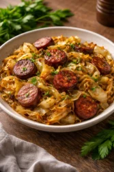 Classic fried cabbage and sausage dish served in a skillet