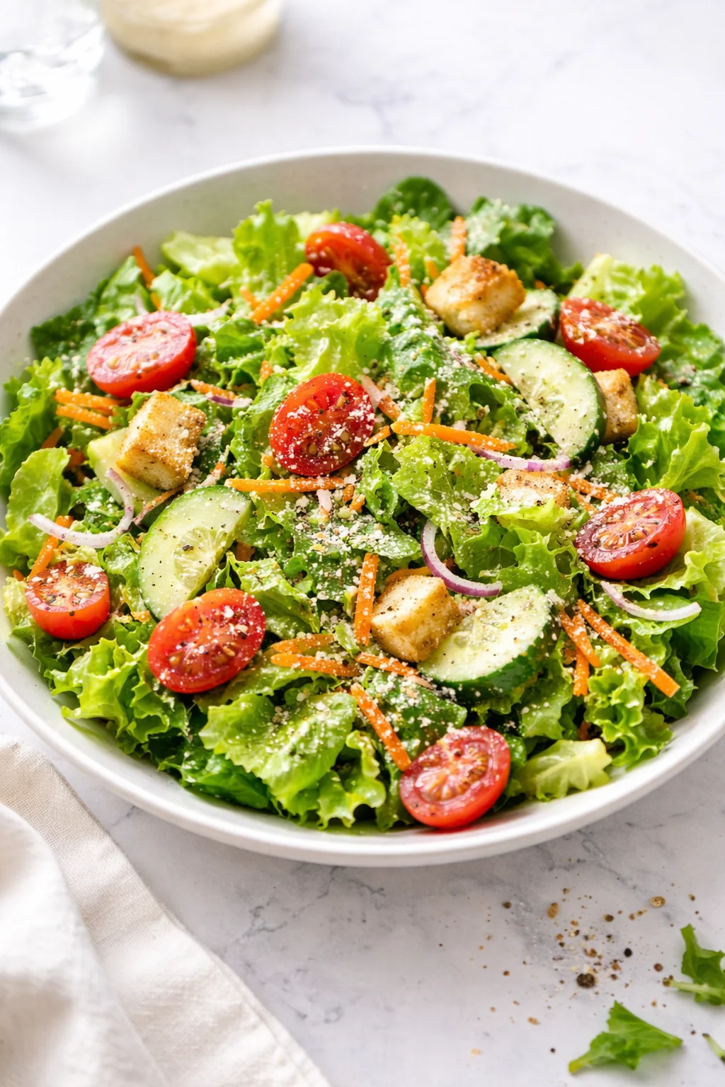 Classic house salad with mixed greens, tomatoes, cucumbers, and dressing.