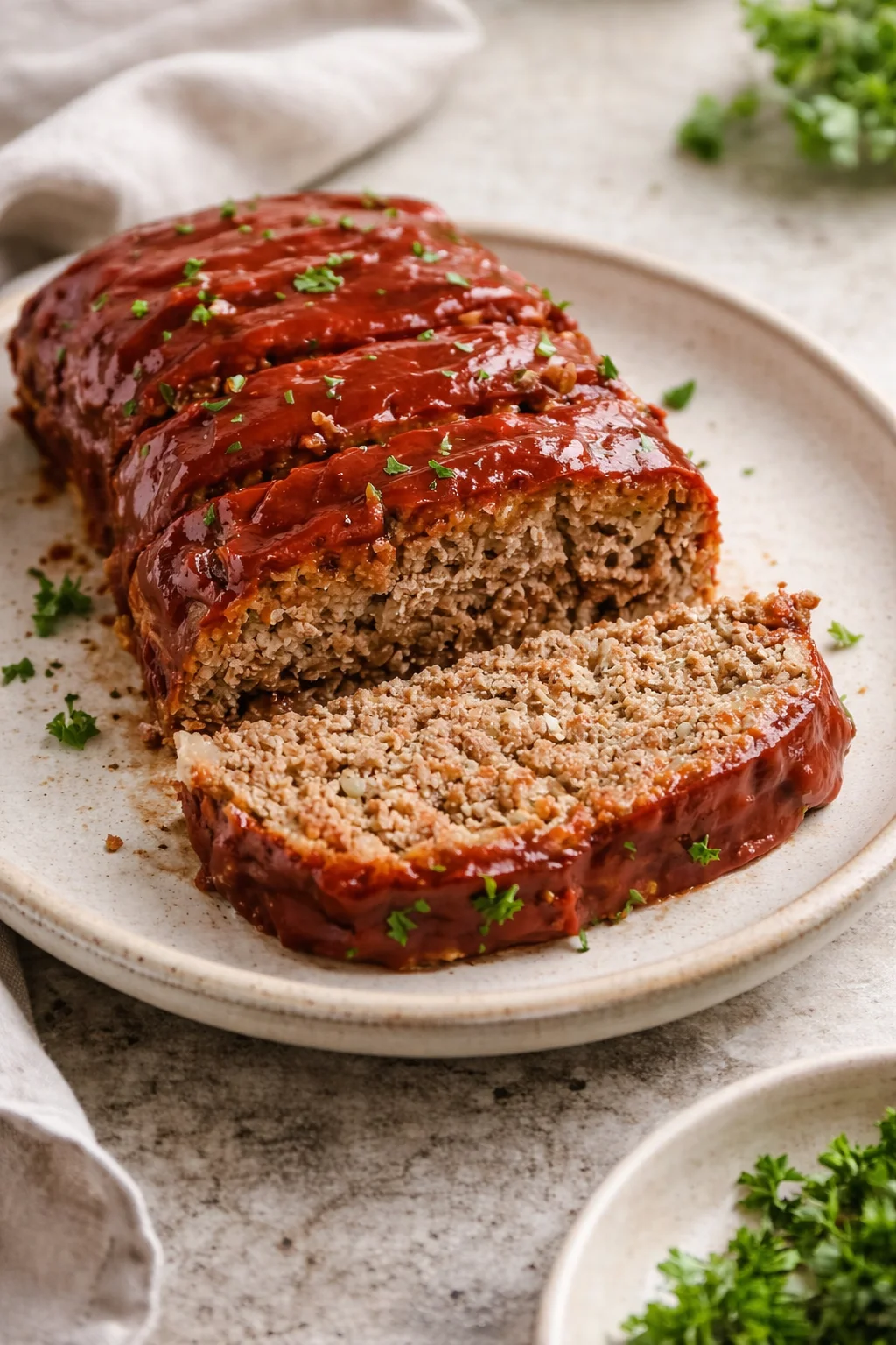 Delicious classic meatloaf sliced and served on a plate with mashed potatoes.