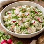 Classic potato salad with radishes and peas in a serving bowl