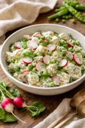 Classic potato salad with radishes and peas in a serving bowl