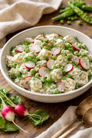 Classic potato salad with radishes and peas in a serving bowl