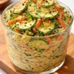 Bowl of creamy Asian cucumber salad topped with herbs and sesame seeds