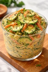 Bowl of creamy Asian cucumber salad topped with herbs and sesame seeds