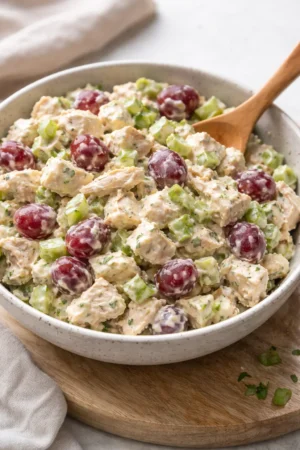 Bowl of creamy chicken salad with fresh vegetables and herbs