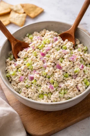 Creamy rotisserie chicken salad with fresh ingredients in a bowl
